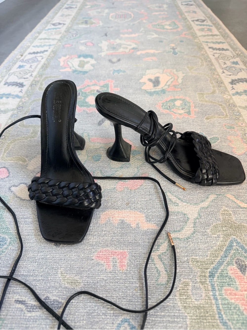Black Braided Strap Lace-Up Heeled Sandals - Women
